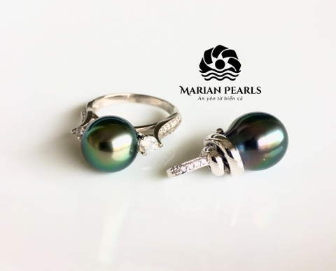 Nhẫn Và Mặt Dây Ngọc Trai Tahiti Xanh Lông Công