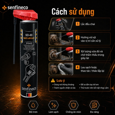 Senfineco 9940 SO40 Xịt Chống Gỉ và Bôi Trơn Đa Năng - Bảo Vệ Tối Ưu Cho Thiết Bị Của Bạn