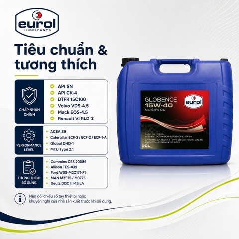 Eurol Globence 15W-40 – API CK-4/SN | Volvo VDS-4.5, Mack EOS-4.5, ACEA E11/E9/E7, MAN