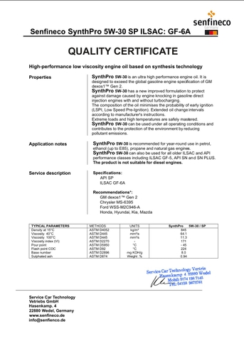 Senfineco 8946 Nhớt Tổng Hợp 5W30 Hoàn Toàn Cao Cấp - SynthPro 5W30 API SP ILSAC GF-6 DEXOS 2 [1L] [Made In Germany]