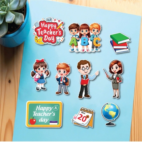 Combo 2 set giấy 20.11 - thầy cô giáo và học sinh cầm chữ cái ABC.