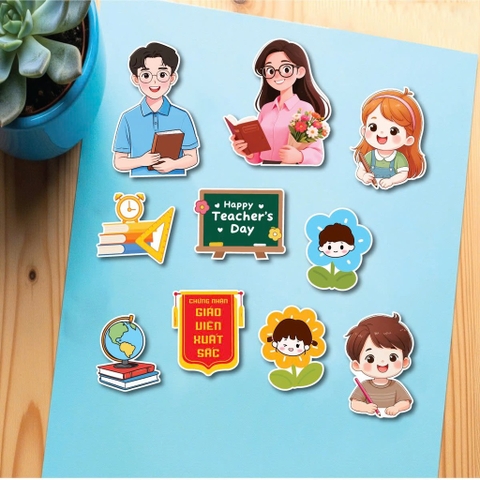 Combo 2 set giấy 20.11 - thầy cô giáo áo xanh hồng và 2 học sinh học bài.