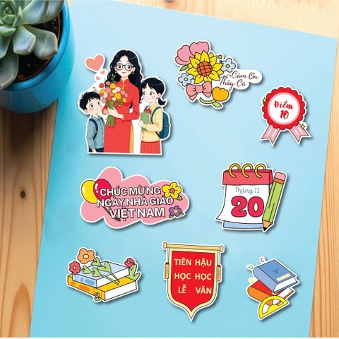 Combo 2 set giấy 20.11 - cô giáo áo dài đỏ và 2 học sinh.