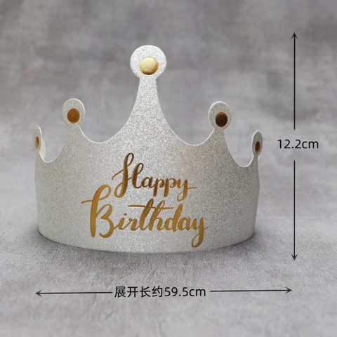 set 10 mũ vương miện giấy màu bạc (chữ HPBD nhũ vàng).