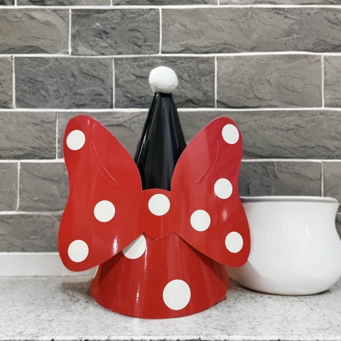 Set 10 mũ 3D cán bóng giấy đẹp kt dk 13cmx cao 20cm - NƠ MICKEY đỏ đen M50.
