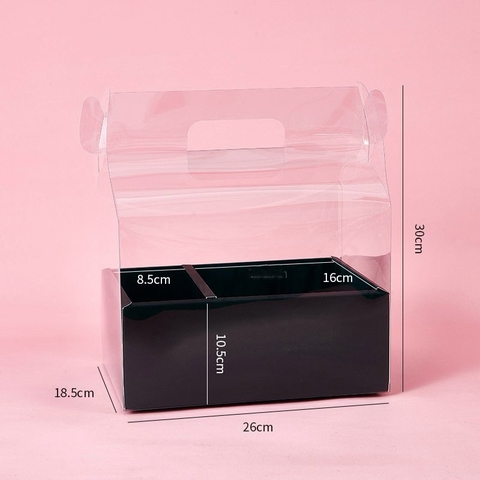 Set 10 hộp mica 2 ngăn có quai xách kèm đế (đk khay đựng bánh 16cm, đk khay hoa 8cm)-MÀU ĐEN.