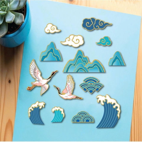 Combo 2 set giấy tết - HẠC, MÂY, NÚI MÀU XANH (ÉP NHŨ).