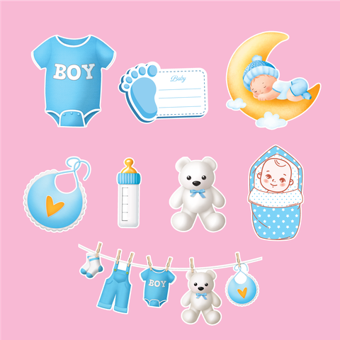 Combo 2 set giấy  - bé TRAI nằm trăng ngủ, dây quần áo, bảng viết chữ (XANH).