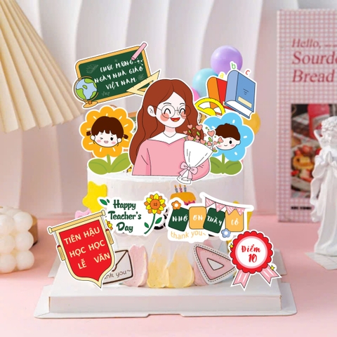 Combo 2 set giấy 20-11: cô giáo và học sinh (mãu 2 - cô giáo đeo kính áo hồng).