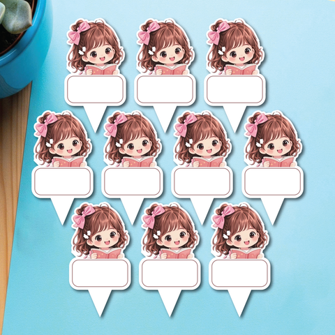 Set 50 thẻ giấy có chân cắm-bé GÁI tóc nâu nơ hồng.