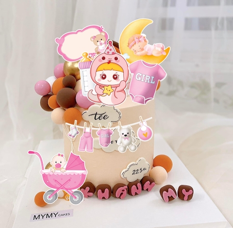 Combo 2 set giấy - bé RẮN + xe nôi+dây quần áo (HỒNG).