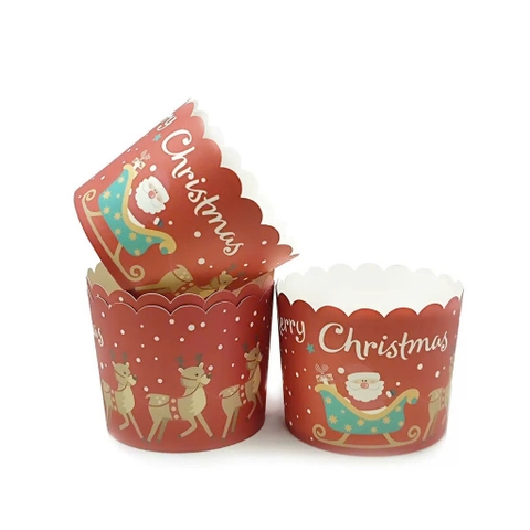 Set 50 cốc cupcake NOEL kt 7x5.5x6cm-màu ĐỎ (ông già noel ngồi xe kéo).