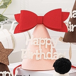 Set 10 mũ  sinh nhật vải dạ HPBD HỒNG CAM-gắn nơ đỏ kt12x14cm
