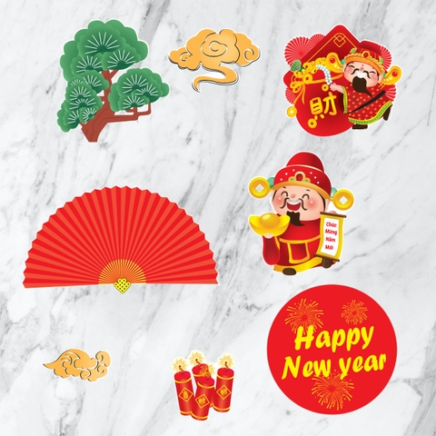 Combo 2 set giấy Tết thần tài-cây-quạt đỏ.