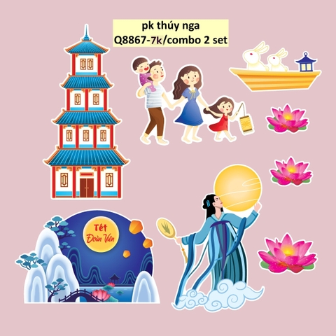 Combo 2 set giấy trung thu - gia đình, thuyền, hằng nga MẪU 7.
