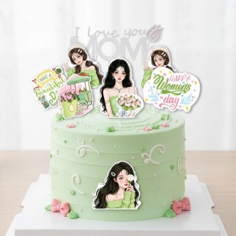 10 set giấy -cô gái màu xanh lá và chữ happy women's day (SX).