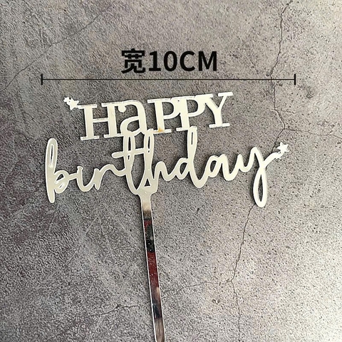10 mica HPBD chữ kiểu, Happy in hoa-MÀU BẠC.