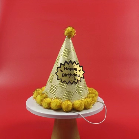 set 10 Mũ ép kim gắn quả bông-MÀU VÀNG (17x19cm).