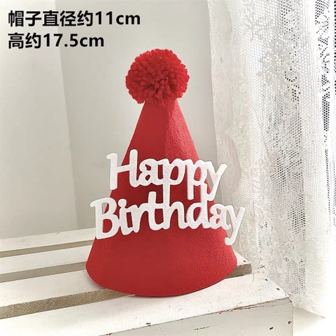 Set 10 mũ sinh nhật vải dạ - HPBD ĐỎ- kt12x14cm.