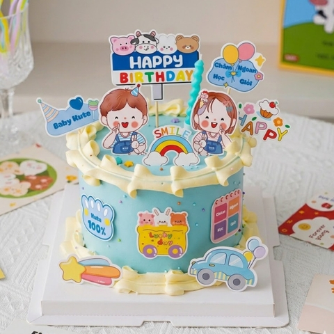 Combo 2 set giấy- 2 bé trai gái kute áo yếm bò màu xanh.