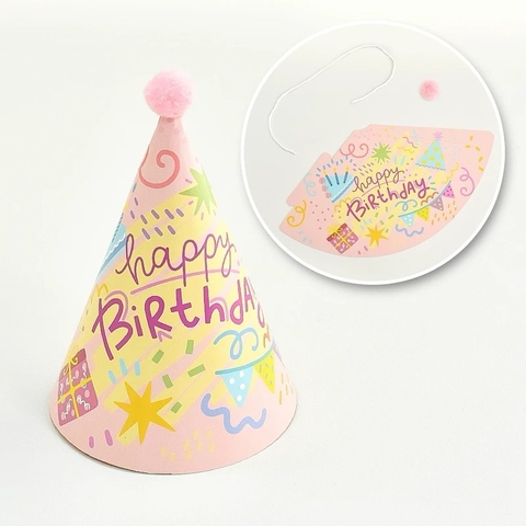 Set 10 mũ cán bóng giấy đẹp kt dk 13cmx cao 20cm - tone hồng mix màu vàng họa tiết hộp quà và chữ HPBD  M52.