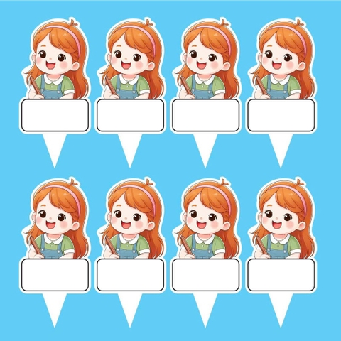 Set 50 thẻ giấy có chân cắm-bé GÁI tóc vàng nâu áo xanh (CHÚ Ý SET 50).