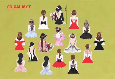 Set 16 thẻ cô gái giấy in 2 mặt mix mẫu (Mẫu quay lưng).