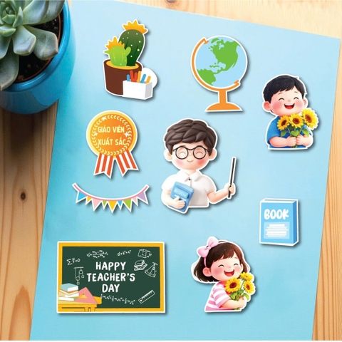 Combo 2 set giấy 20.11 - thầy giáo và 2 học sinh ôm hoa hướng dương.