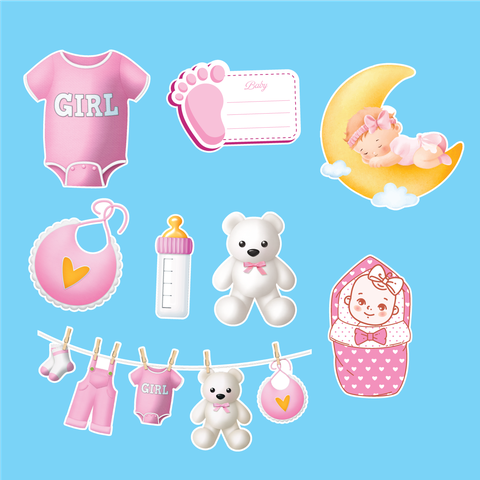 Combo 2 set giấy  - bé GÁI nằm trăng ngủ, dây quần áo, bảng viết chữ (HỒNG).