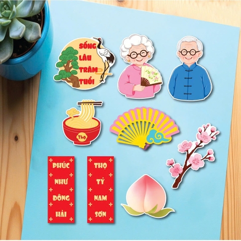 Combo 2 set giấy tết - ông bà (ông áo xanh, bà áo hồng, quạt hồng vàng, cành đào, đào tiên).