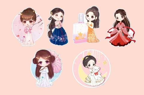 Set giấy 6 bé gái váy dài.