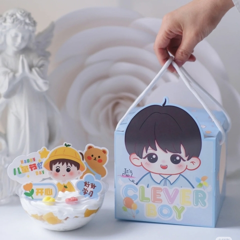 Set 5 hộp giấy chữ nhật có quai xách kèm hộp cầu nhựa -mẫu BÉ TRAI clever boy.