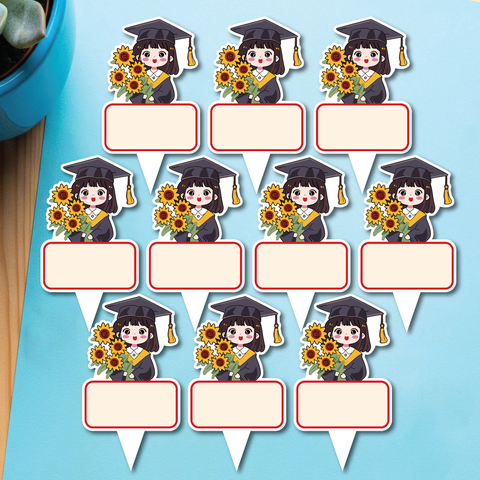 Set 50 thẻ giấy có chân cắm-bé GÁI CỬ NHÂN (MẪU 7-ôm hoa hướng dương).