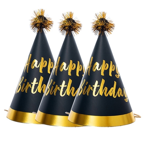 set 10 Mũ sinh nhật gắn quả bông ép kim-MÀU VÀNG ĐEN (có chữ HPBD) kt 11x17cm.