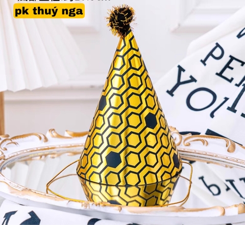 set 10 Mũ sinh nhật gắn quả bông ép kim-MÀU VÀNG -ĐENkt 11x17cm