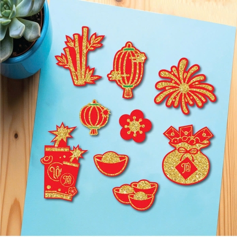 10 set giấy TẾT- gốc tre, pháo, túi tiền (ép nhũ).
