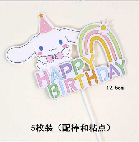 Set 5 cây cắm HPBD chó cinnamon gắn cầu vồng.