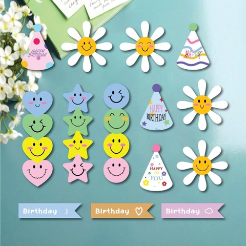 Combo 2 set giấy - mix chi tiết (hoa, tim, ngôi sao, mũ, chữ HPBD).