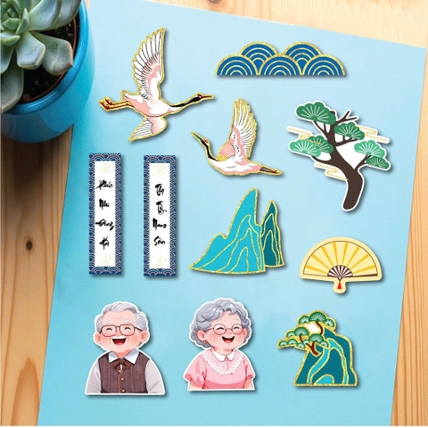 Combo 2 set giấy - ông bà, hạc, cây  và núi xanh (ép nhũ).