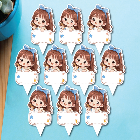 Set 50 thẻ giấy có chân cắm-bé GÁI tóc nâu nơ xanh.