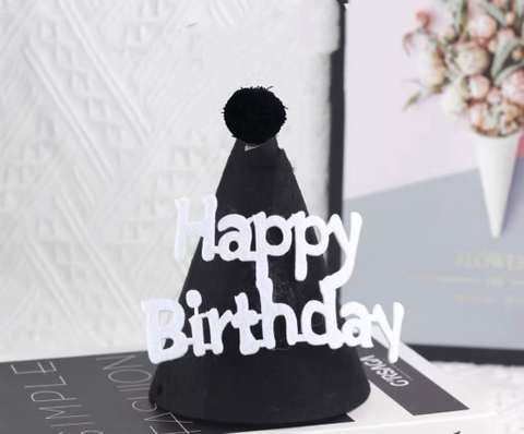 Set 10 mũ sinh nhật vải dạ HPBD ĐEN-gắn chữ trắng kt12x14cm.