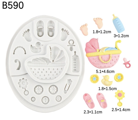Khuôn silicon hình tròn - xe nôi, bình sữa, bàn chân baby.