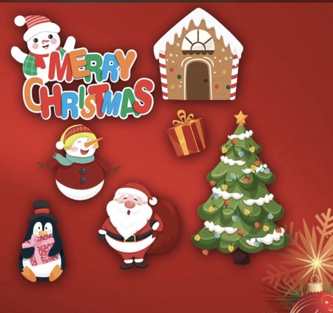 Combo 2 set giấy giáng sinh (noel) - ÔNG GIÀ NOEL, NGÔI NHÀ, chữ Merry Chrismas gắn người tuyết.
