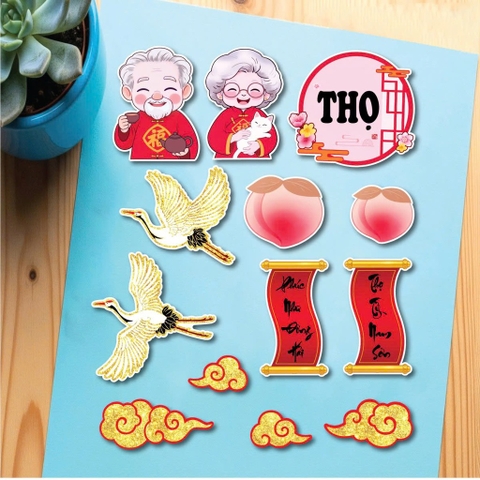 Combo 2 set giấy - ông bà áo đỏ, đào tiên, hạc, chữ Thọ khung tròn (ÉP NHŨ).