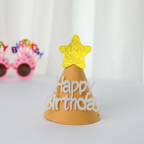 Set 10 mũ sinh nhật vải dạ HPBD NÂU NHẠT-gắn sao vàng kt12x14cm.