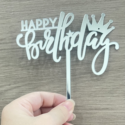 Set 10 mica HPBD gắn vương miện ở chữ y cuối -MÀU BẠC.