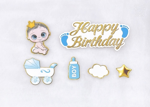 Combo 2 Set giấy em bé xe nôi + chữ HPBD bàn chân-XANH.