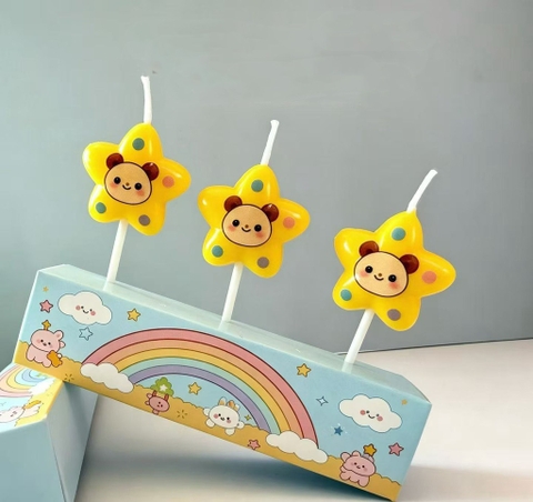 Vỉ 3 nến ngôi sao - mặt gấu tai màu nâu.
