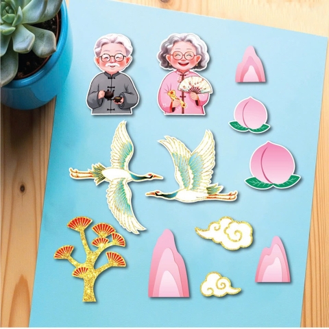 Combo 2 set giấy - ông bà, đào tiên, núi hồng, cây vàng ép nhũ.