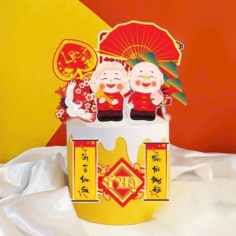 Combo 2 set giấy TẾT - ông bà áo đỏ, câu đối, đào tiên và chữ thọ.